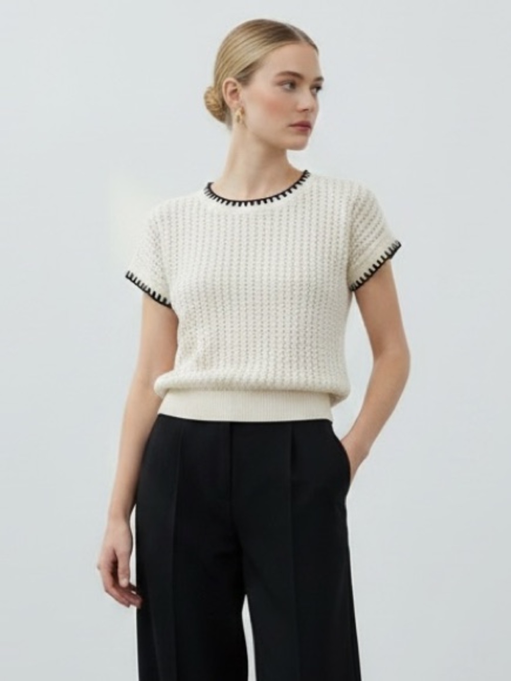 1420 • Ivory Cotton Loose Knit Semi Sheer  Top w/Black Blanket Stitch Contrast